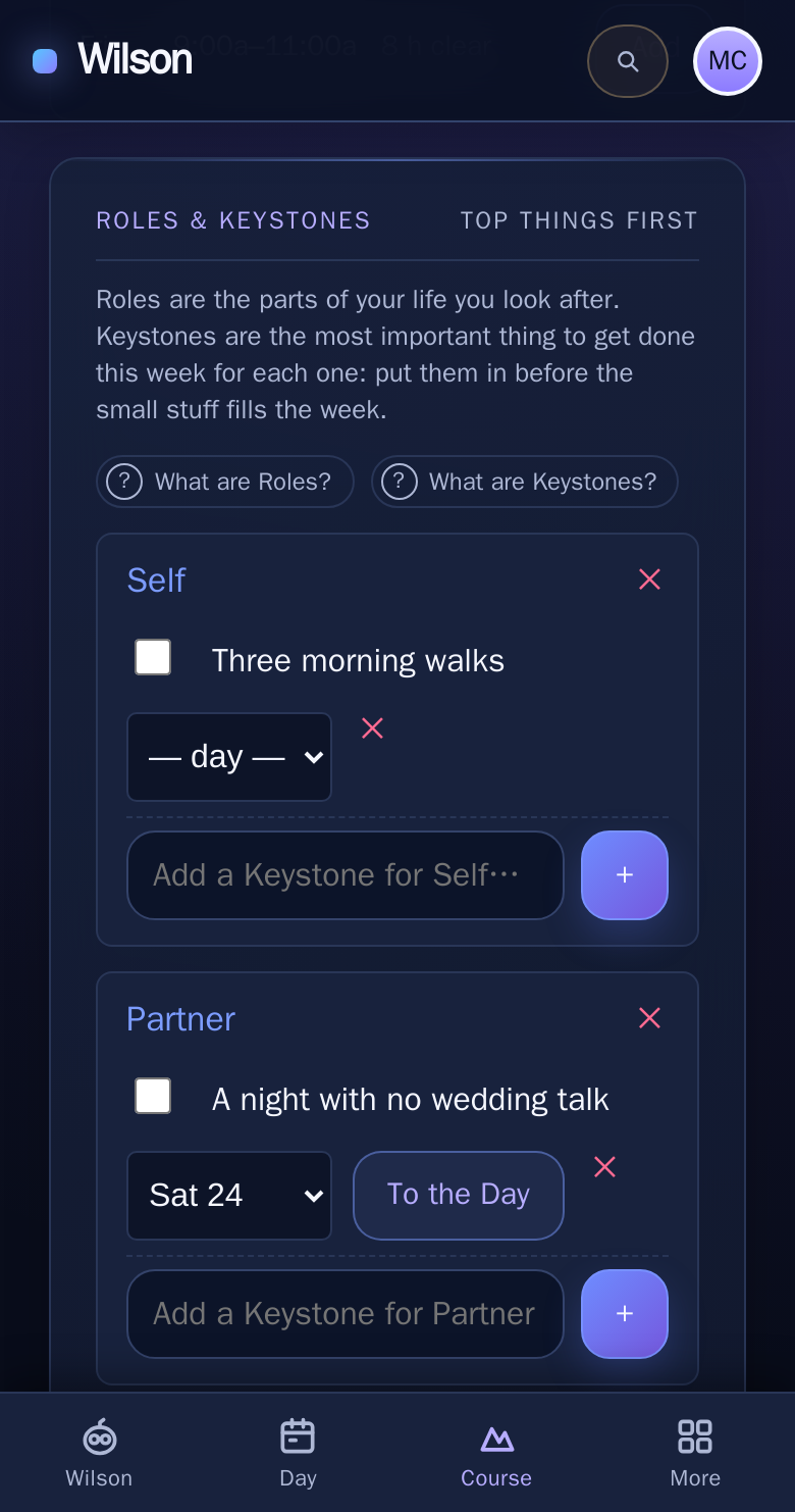 On a phone: Maya's Course, with Keystones for Self and Partner, “A night with no wedding talk” set for Saturday