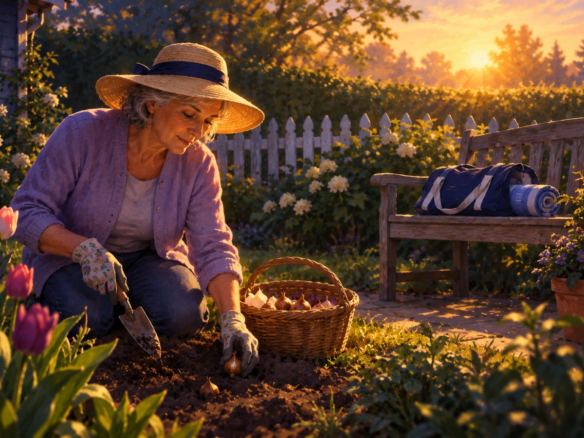 Ruth in her garden in the morning sun, a trowel and tulip bulbs by the bed and her swim bag on the bench